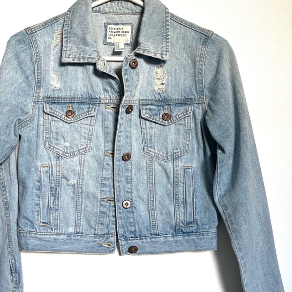 F21 premium denim light wash distressed cropped jacket
